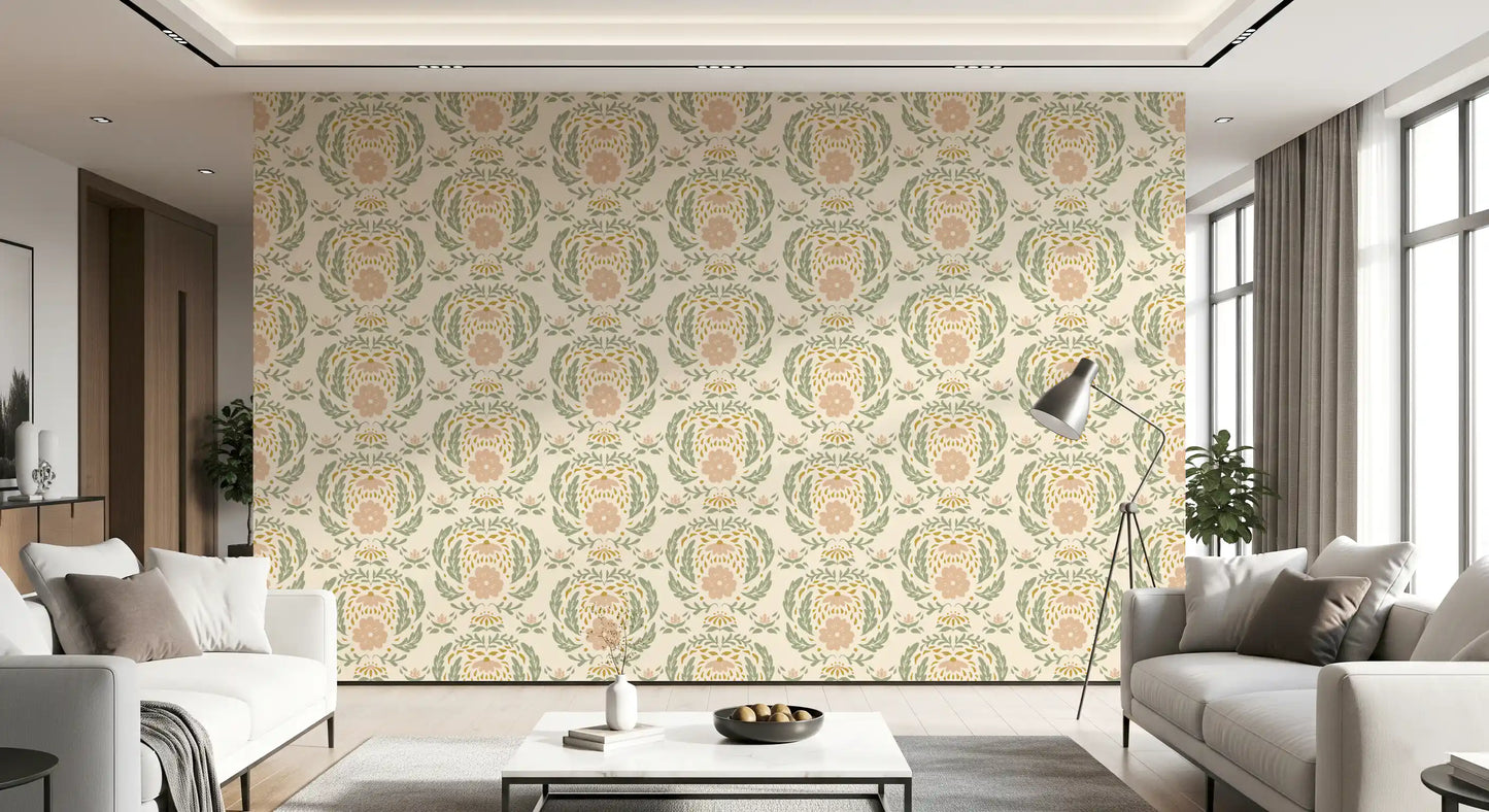 Sage and Blush Damask Botanical Wallpaper⁠