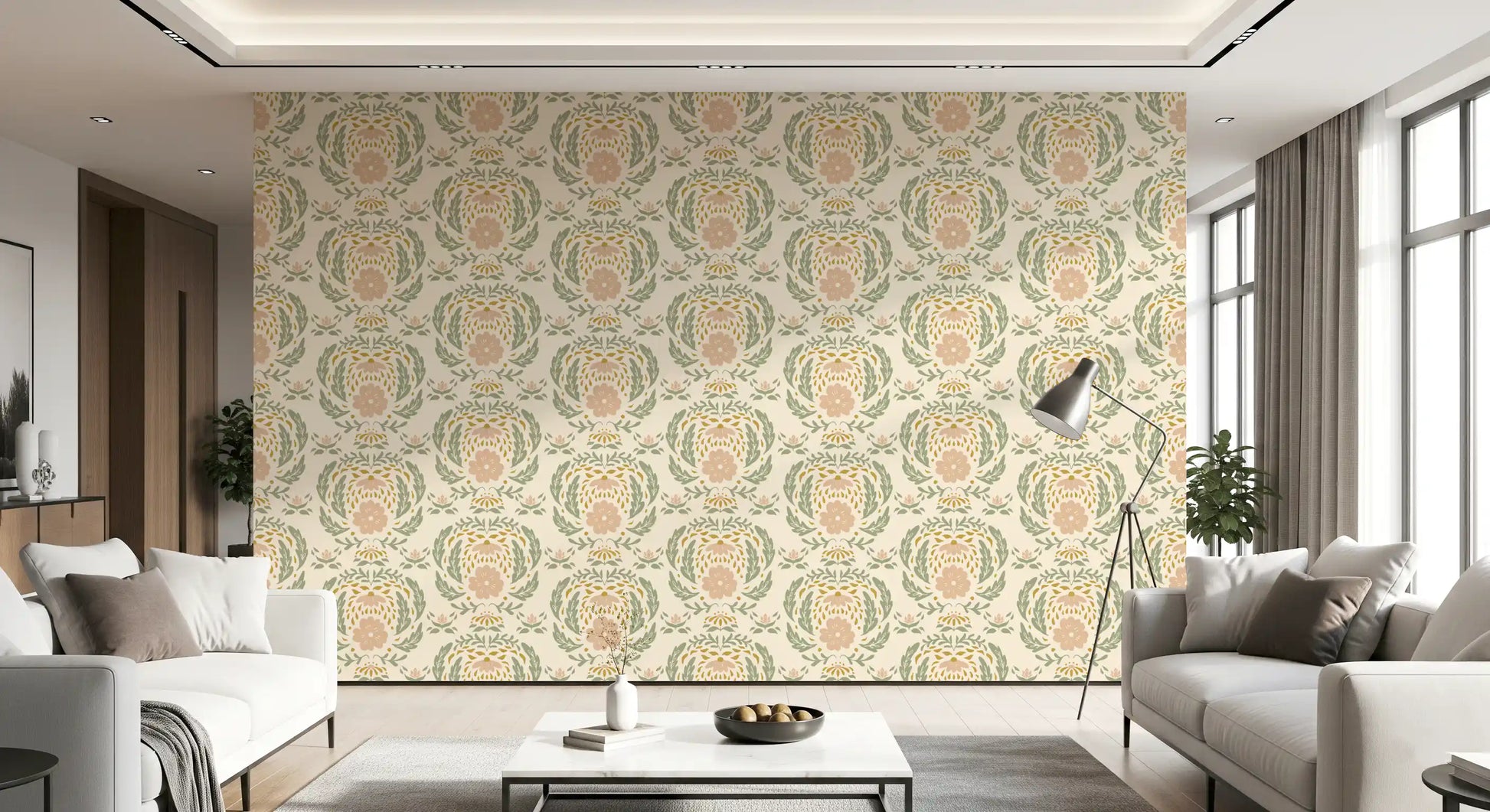 Sage and Blush Damask Botanical Wallpaper⁠