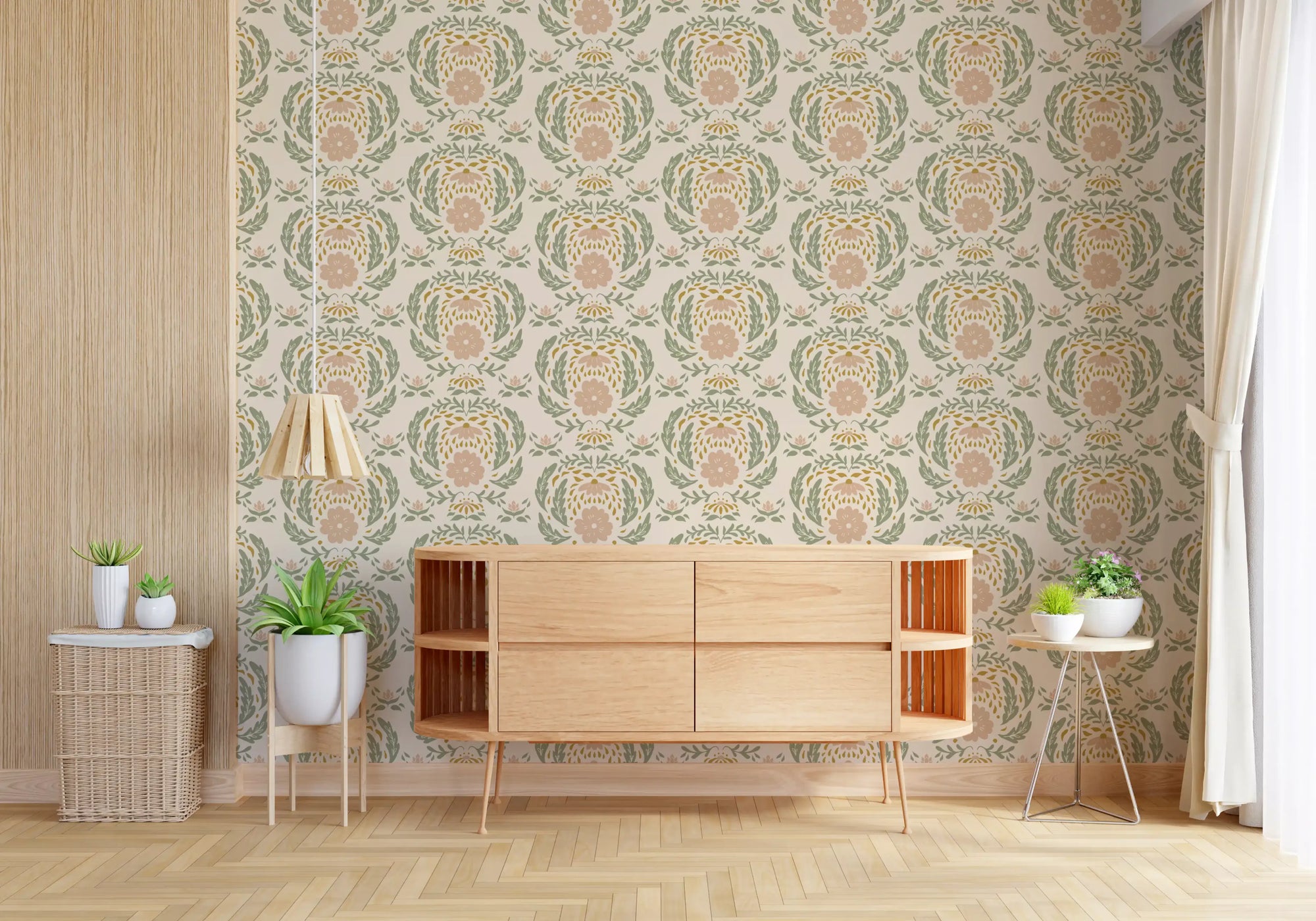 Sage and Blush Damask Botanical Wallpaper⁠