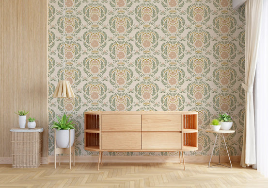 Damask botanical wallpaper with blush flowers and sage leaves GD11693