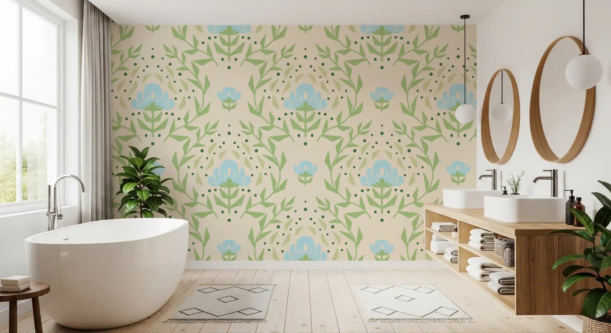 Botanical wallpaper with pale blue blooms and green leafy stems in bathroom GD11694