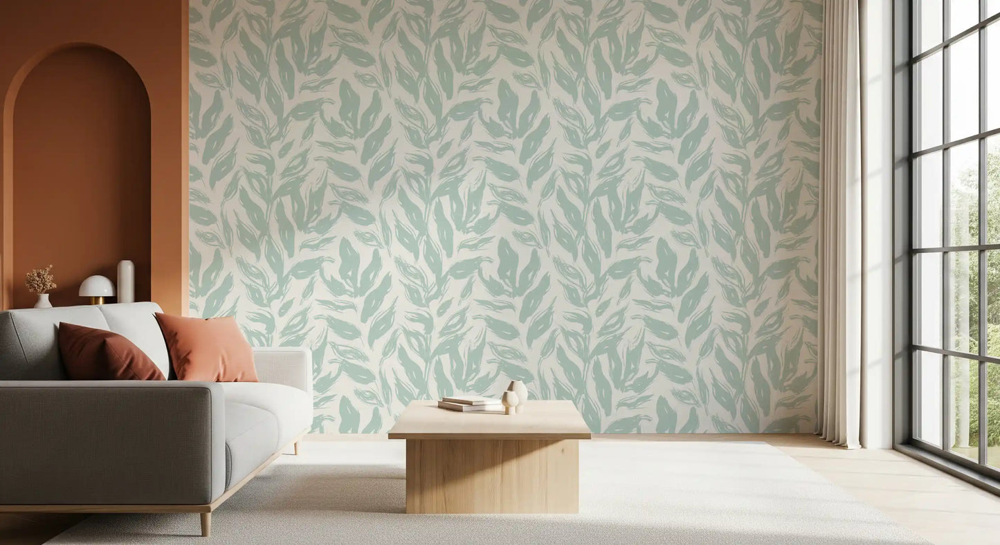 Sage Brushstroke Foliage Motif Wallpaper⁠