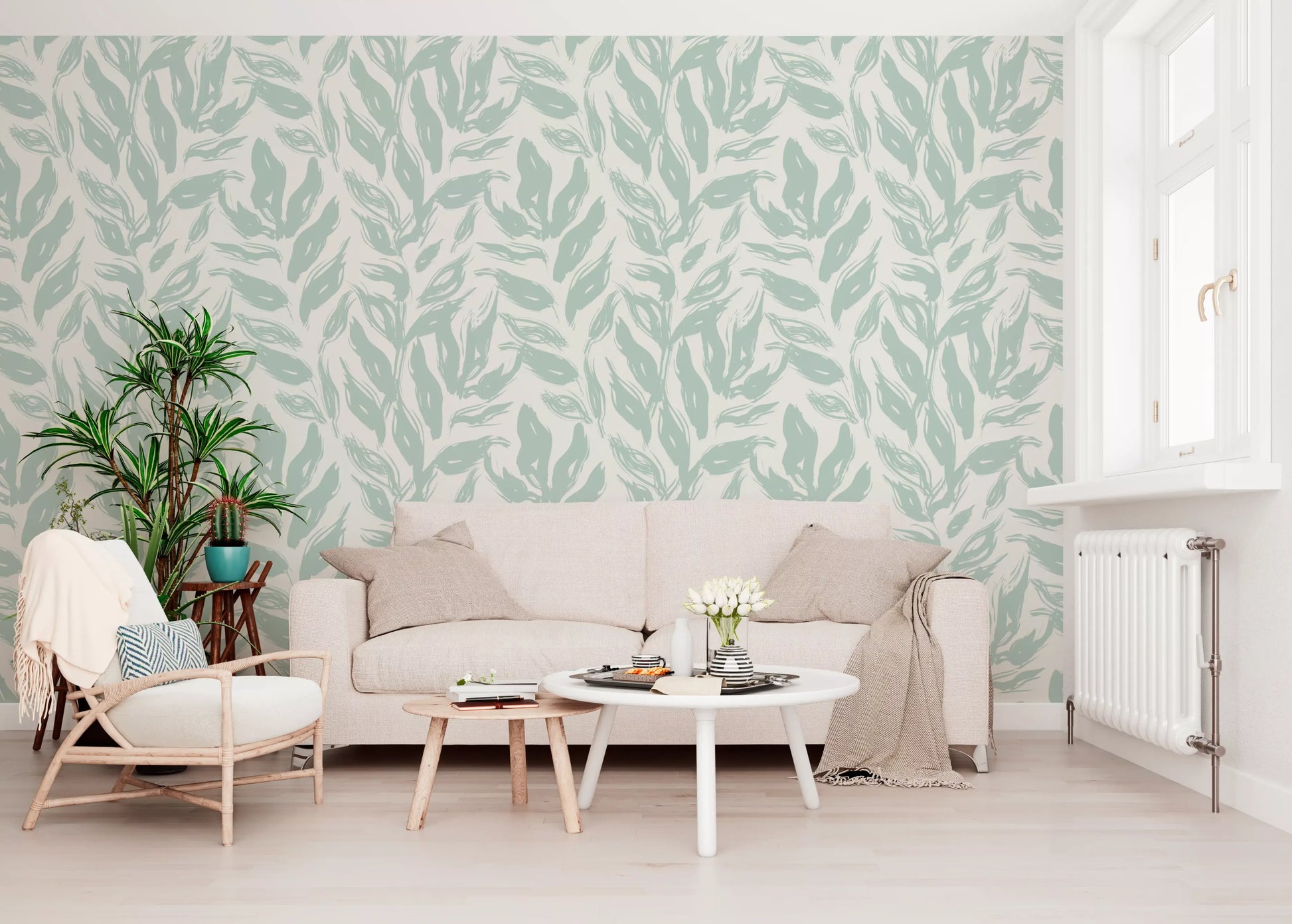 Sage Brushstroke Foliage Motif Wallpaper⁠