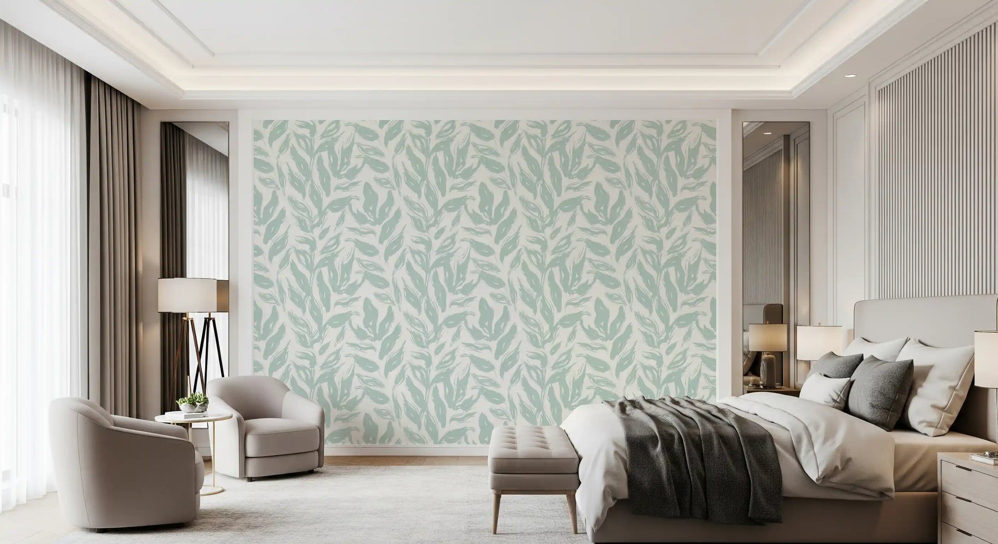Sage foliage wallpaper with brushed green leaves on bedroom wall GD11695