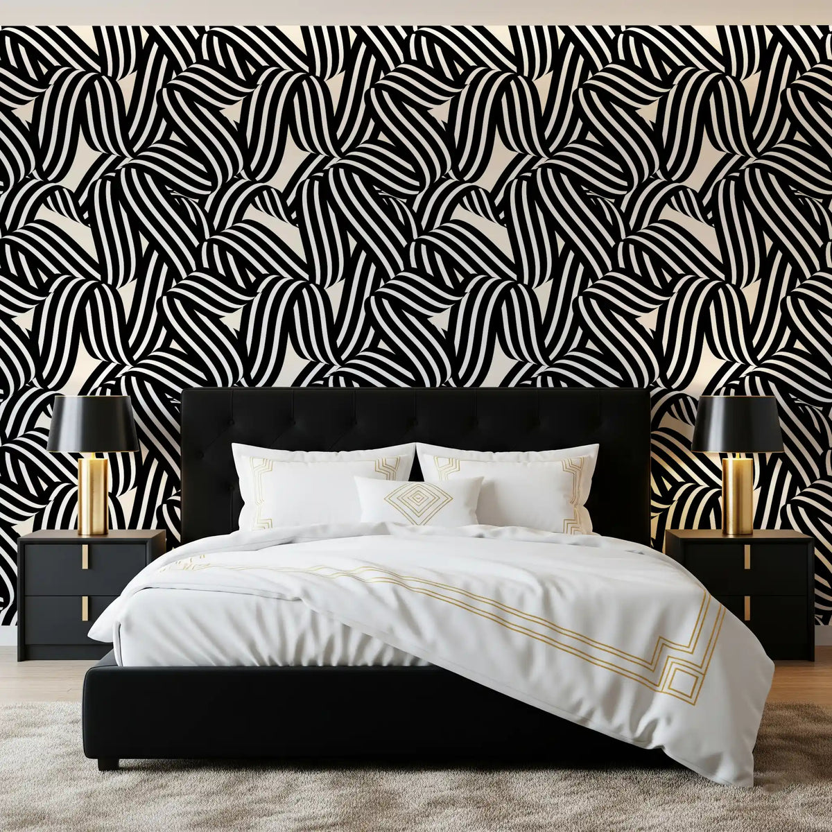 Monochrome ribbon wallpaper with black and white striped curves in bedroom GD11698
