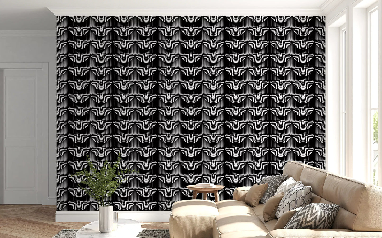 Monochrome Geometric Arc Pattern Wallpaper⁠