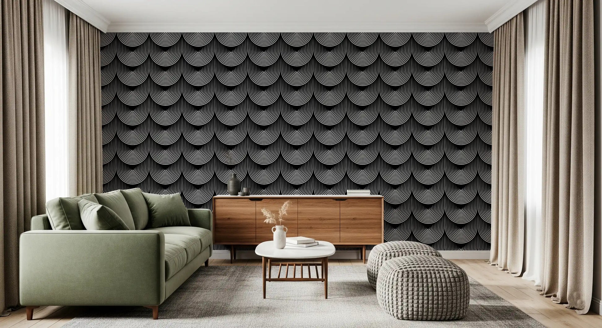Monochrome Geometric Arc Pattern Wallpaper⁠