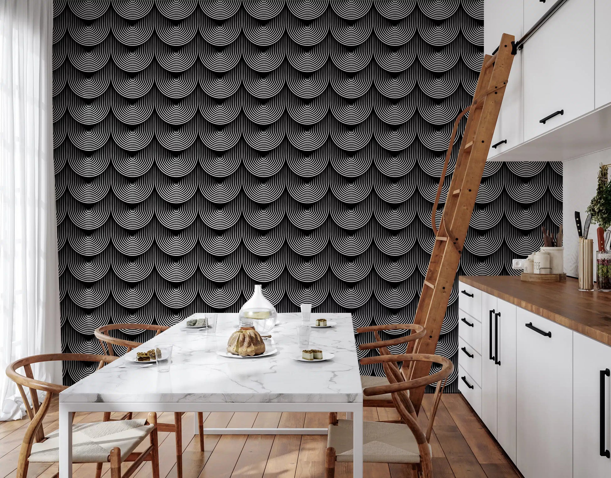 Monochrome Geometric Arc Pattern Wallpaper⁠