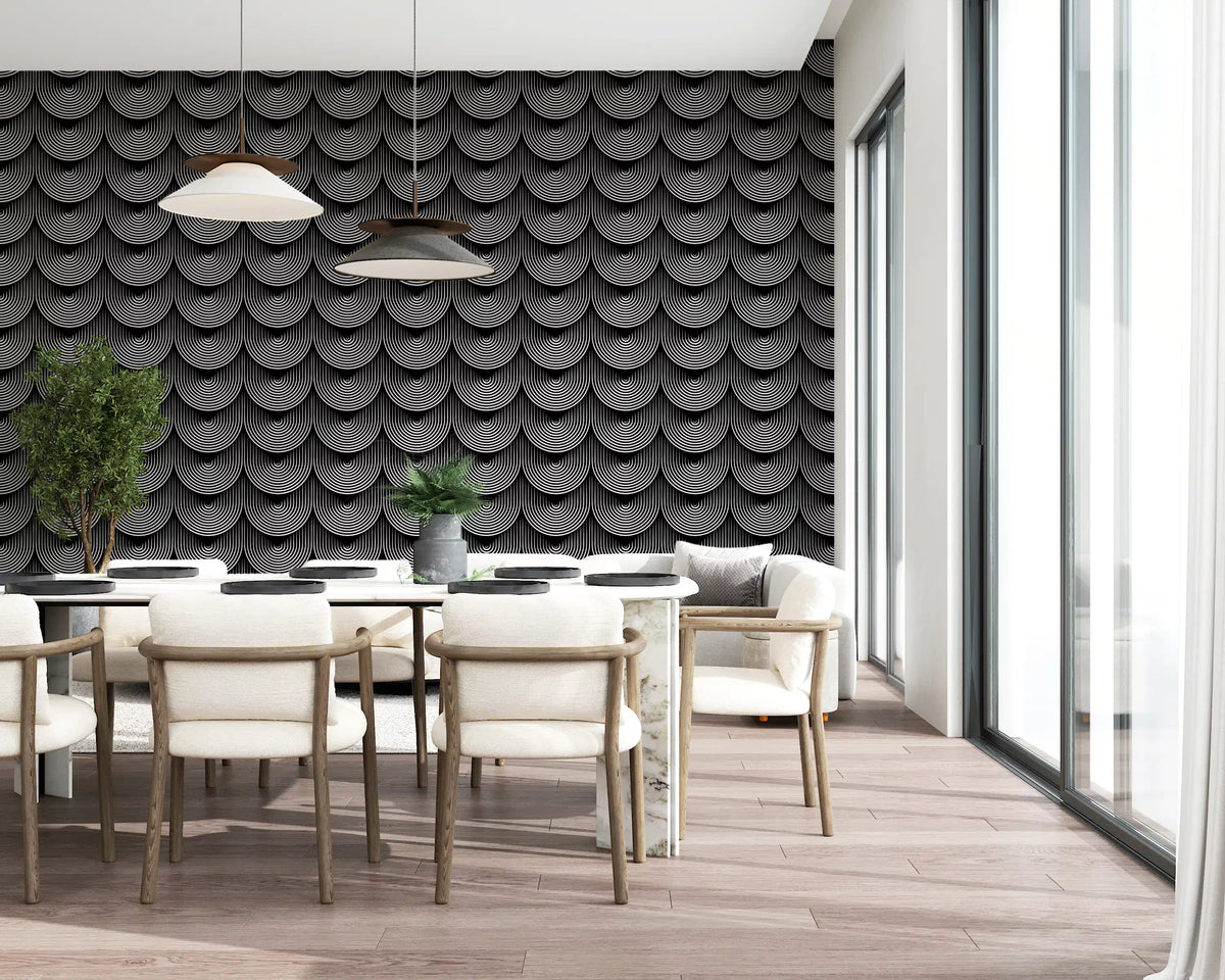 Monochrome geometric wallpaper with white arcs on black GD11701
