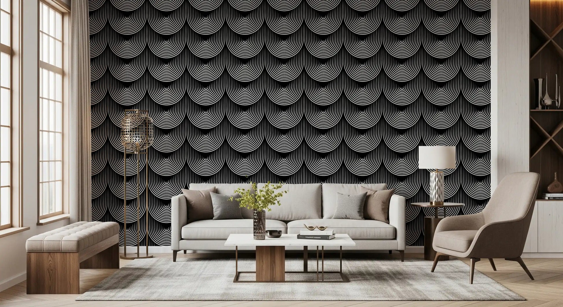 Monochrome Geometric Arc Pattern Wallpaper⁠