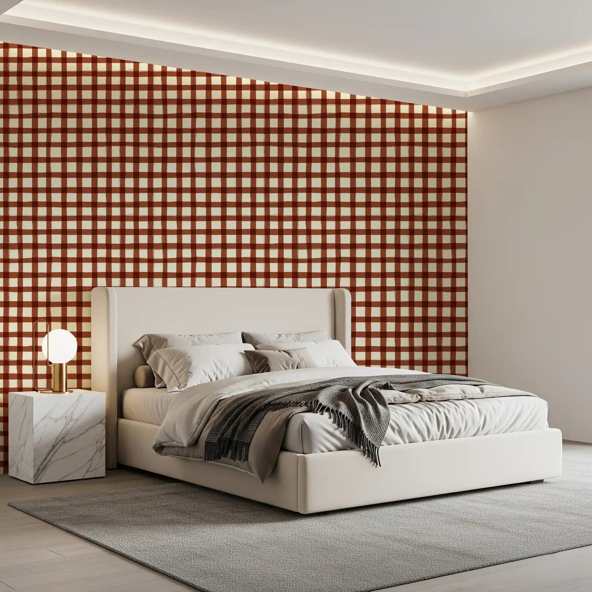 Rustic brushstroke check pattern wallpaper in terracotta and cream for bedroom GD11704