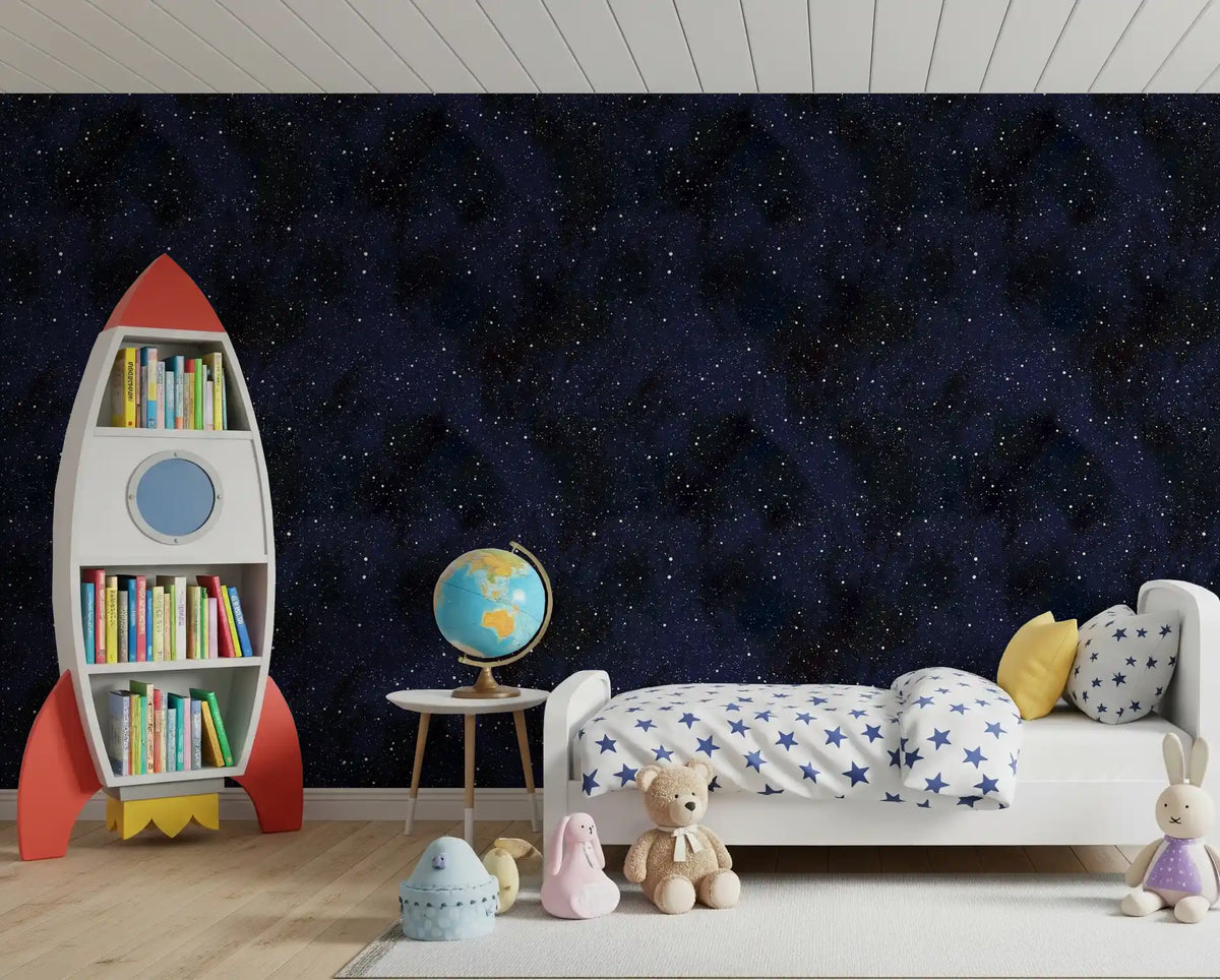 Midnight blue night sky wallpaper with scattered white stars in bedroom GD11705