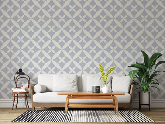 Soft arced tile motif wallpaper in grey-blue and cream for living room GD11707