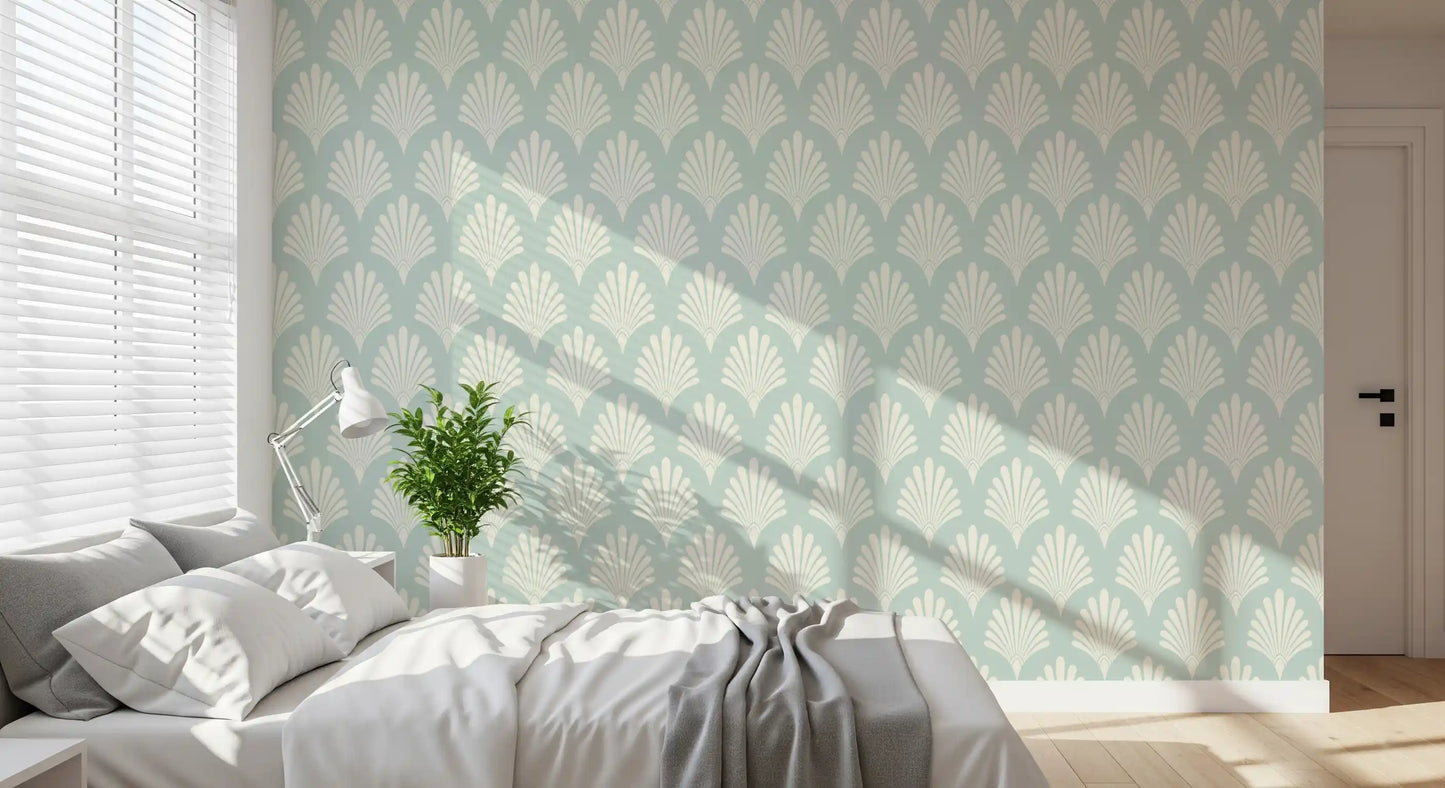 Art Deco Fan Pattern in Sage and Cream Wallpaper⁠