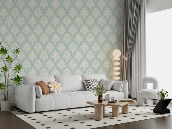 Art Deco Fan Pattern in Sage and Cream Wallpaper⁠