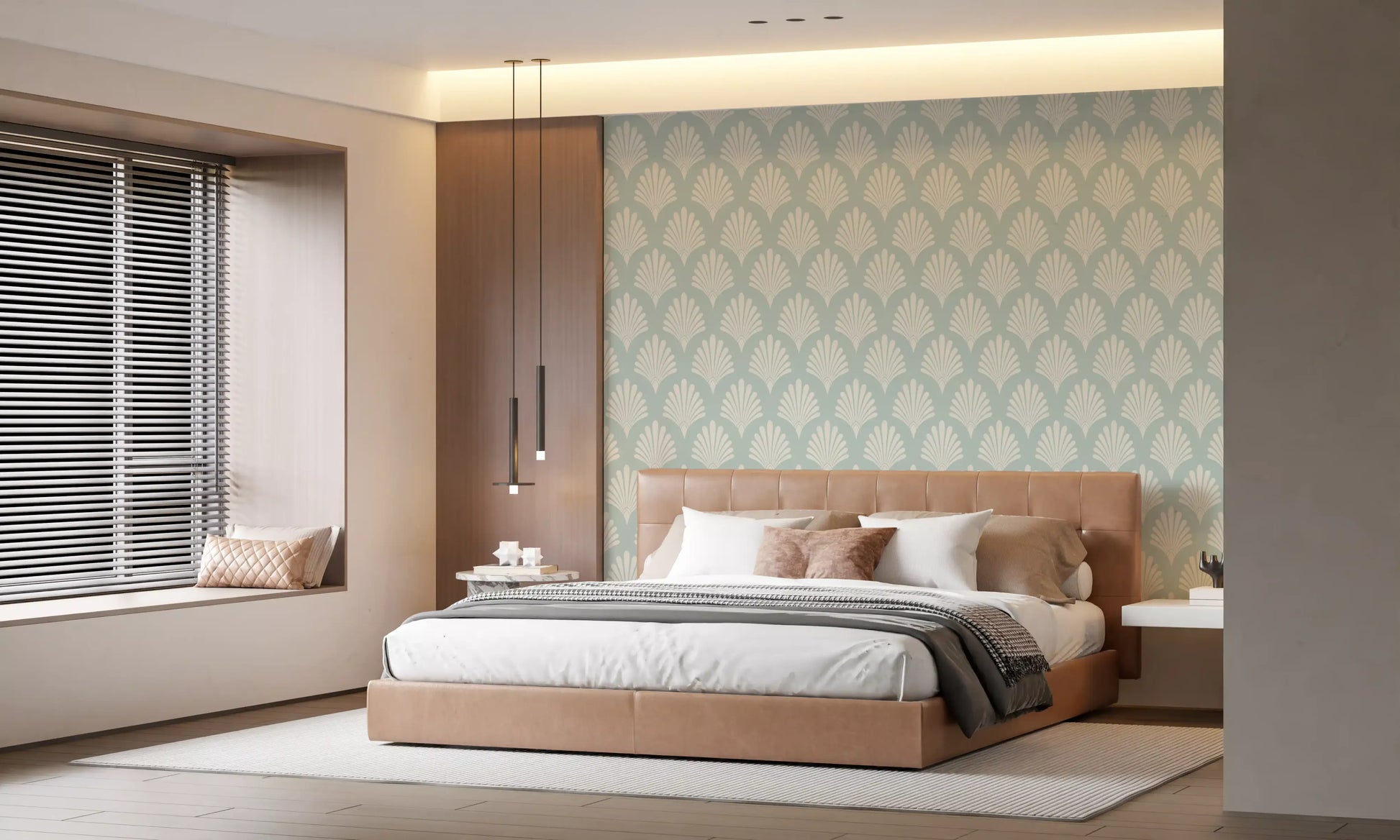 Art Deco Fan Pattern in Sage and Cream Wallpaper⁠