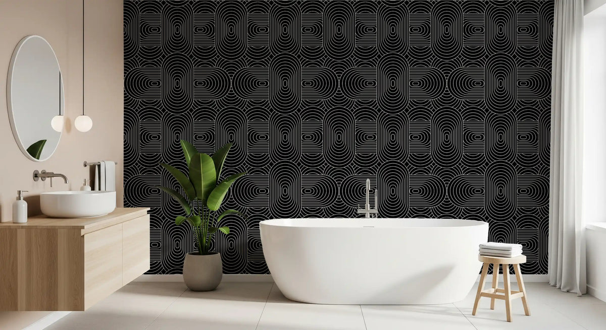 Minimalist linear arch wallpaper in black and white for bathroom GD11709