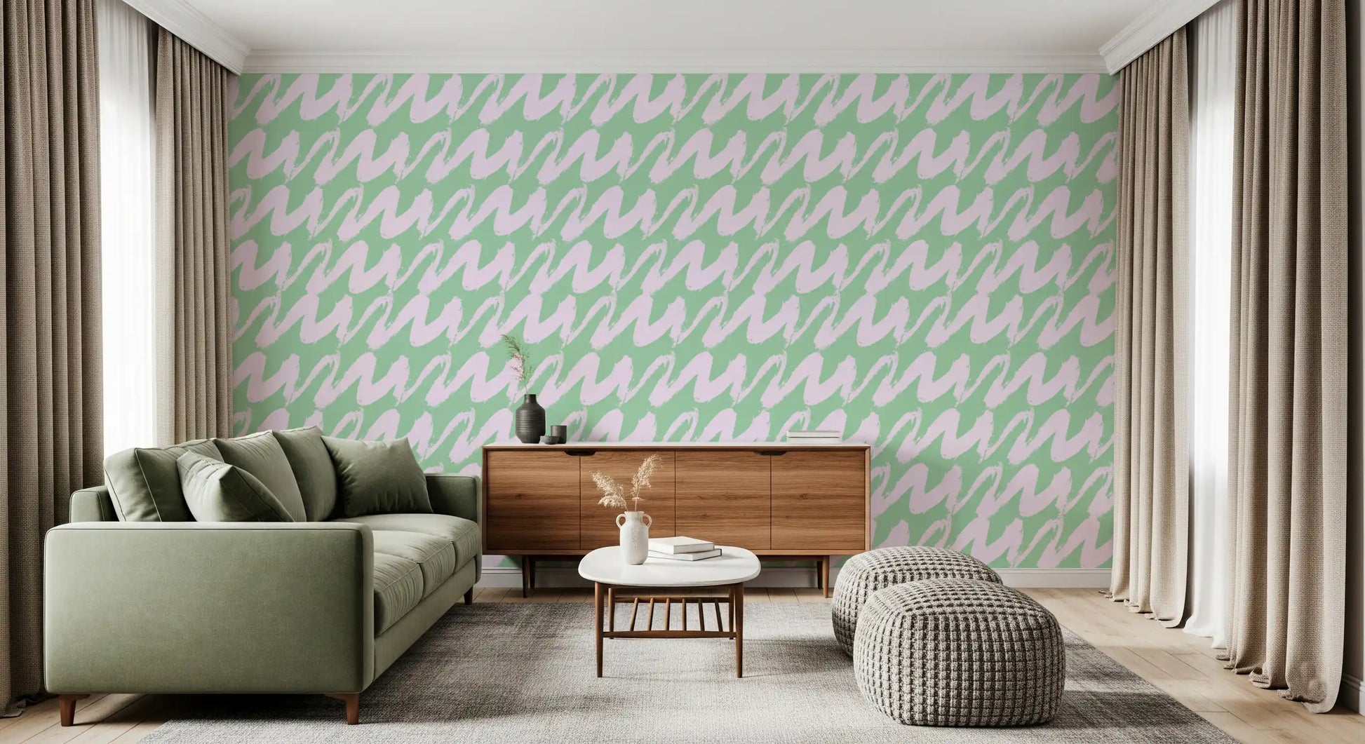 Soft Sage and Pink Wavy Brushstrokes Wallpaper⁠
