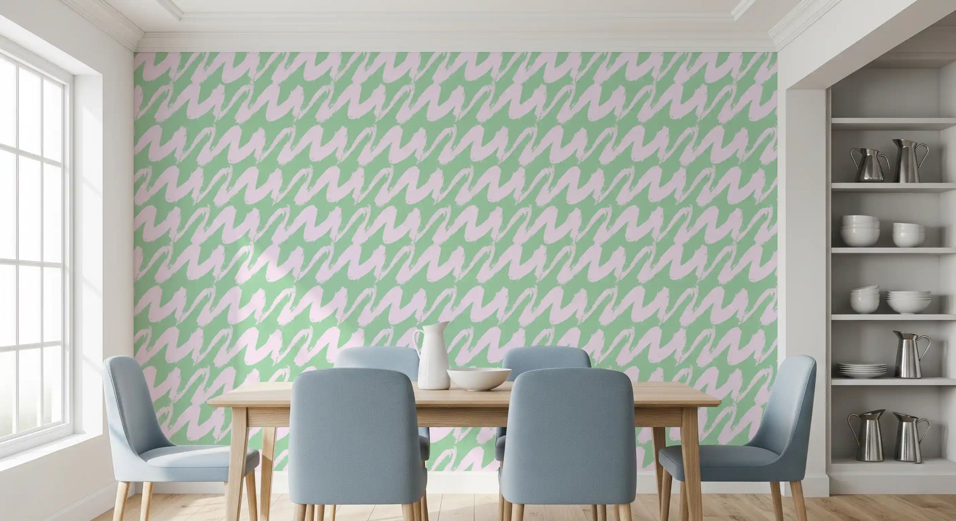 Soft Sage and Pink Wavy Brushstrokes Wallpaper⁠