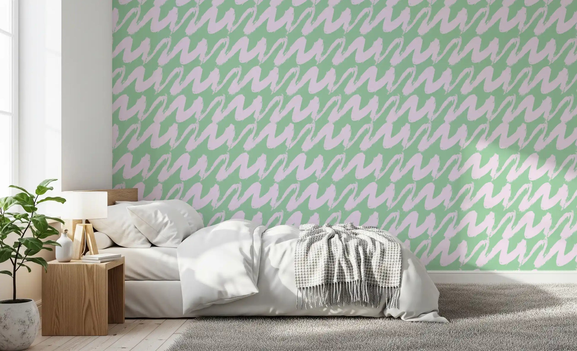 Soft Sage and Pink Wavy Brushstrokes Wallpaper⁠