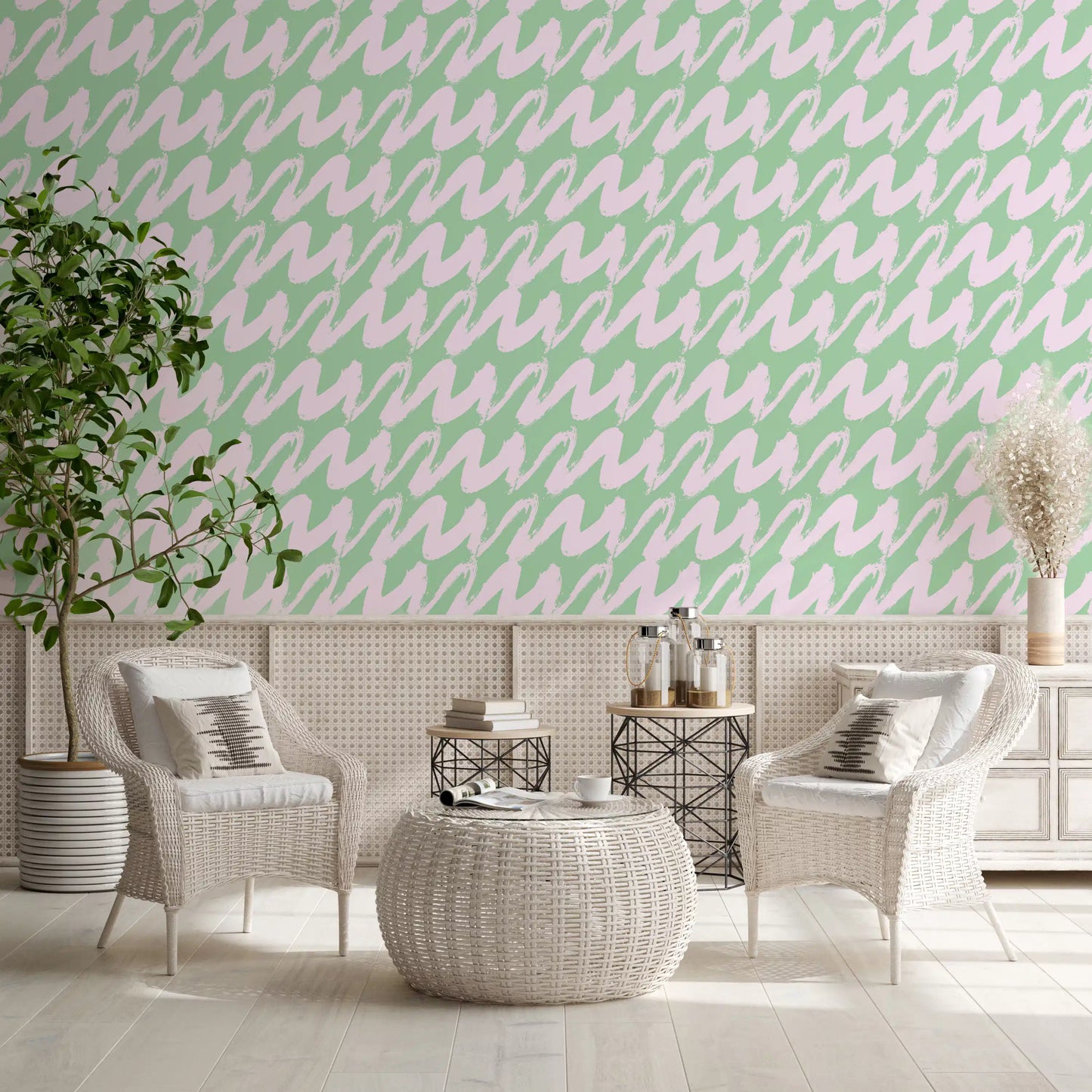 Soft Sage and Pink Wavy Brushstrokes Wallpaper⁠
