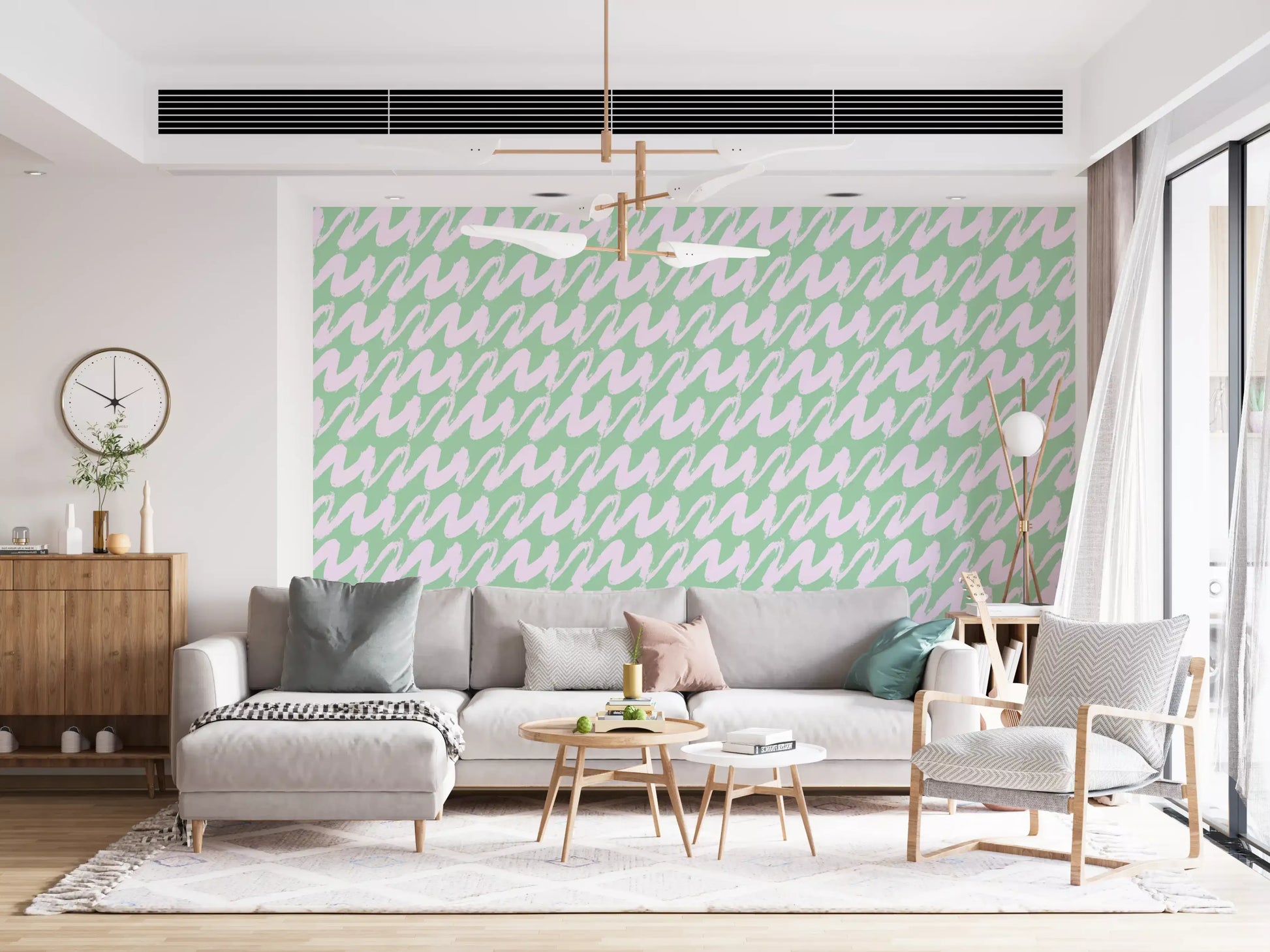Soft Sage and Pink Wavy Brushstrokes Wallpaper⁠