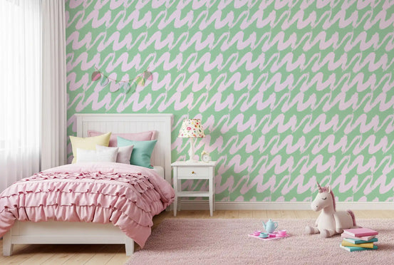 Soft Sage and Pink Wavy Brushstrokes Wallpaper⁠