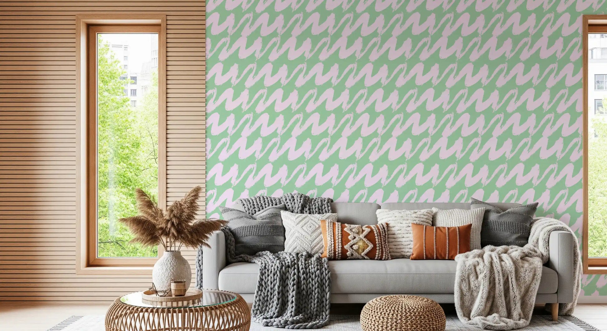 Soft Sage and Pink Wavy Brushstrokes Wallpaper⁠