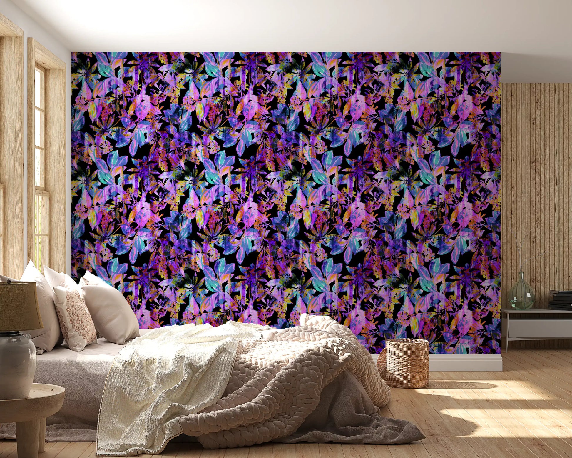 Vibrant Neon Tropical Foliage Wallpaper⁠