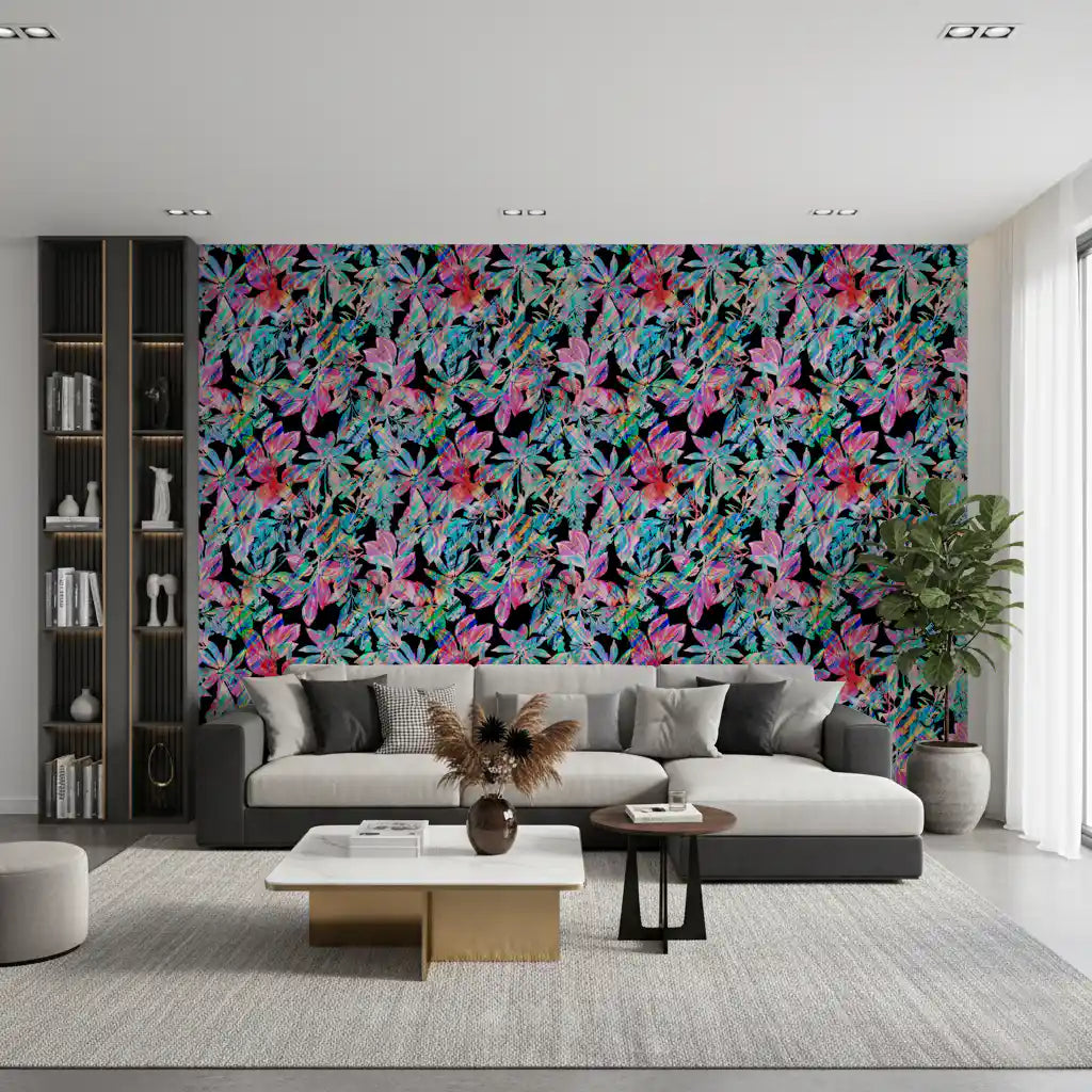 Chromatic tropical foliage wallpaper in blue, pink and teal for living room GD11712