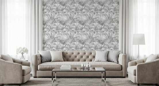 Ethereal palm frond wallpaper in soft grey on white for living room GD11713