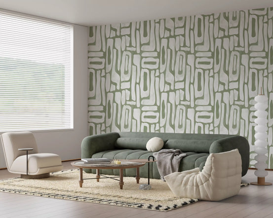 Sage green organic abstract wallpaper with cream shapes in living room GD11715