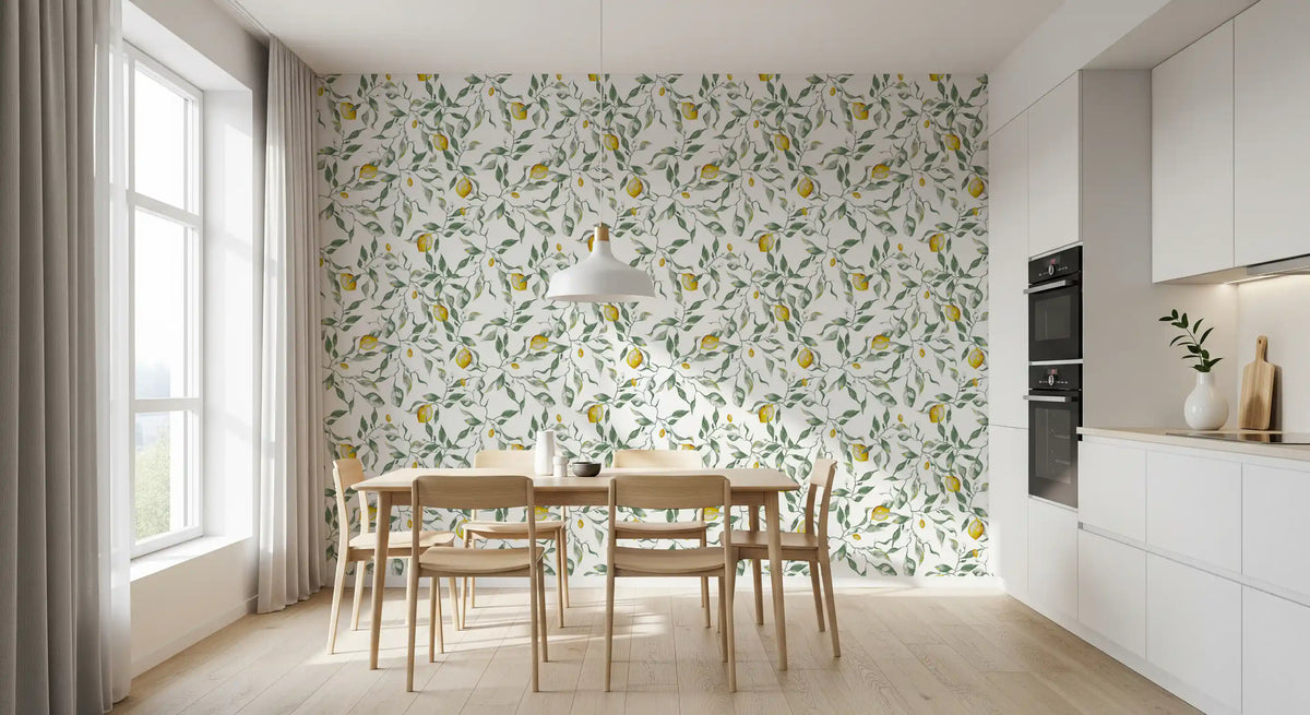Yellow lemon and green leaf wallpaper on a white ground in dining room GD11717