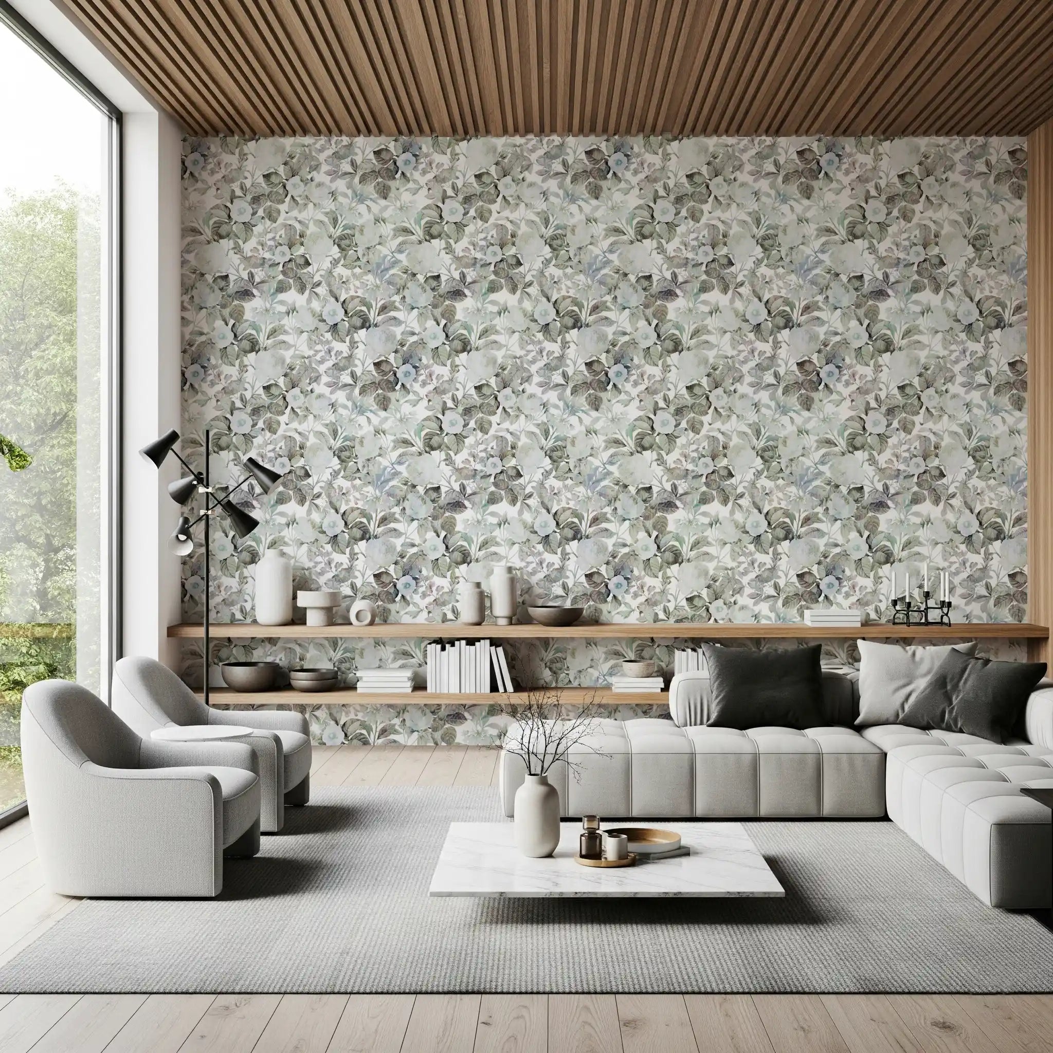White garden roses and sage foliage floral wallpaper pattern GD11718