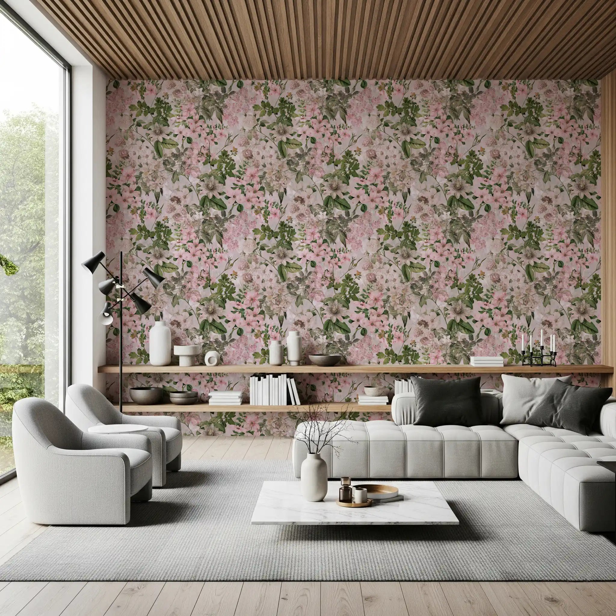 Pink dogwood flowers and garden roses floral wallpaper in living room GD11720