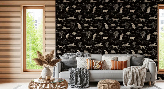 Cream leopards and sketched trees animal wallpaper on living room  GD11725