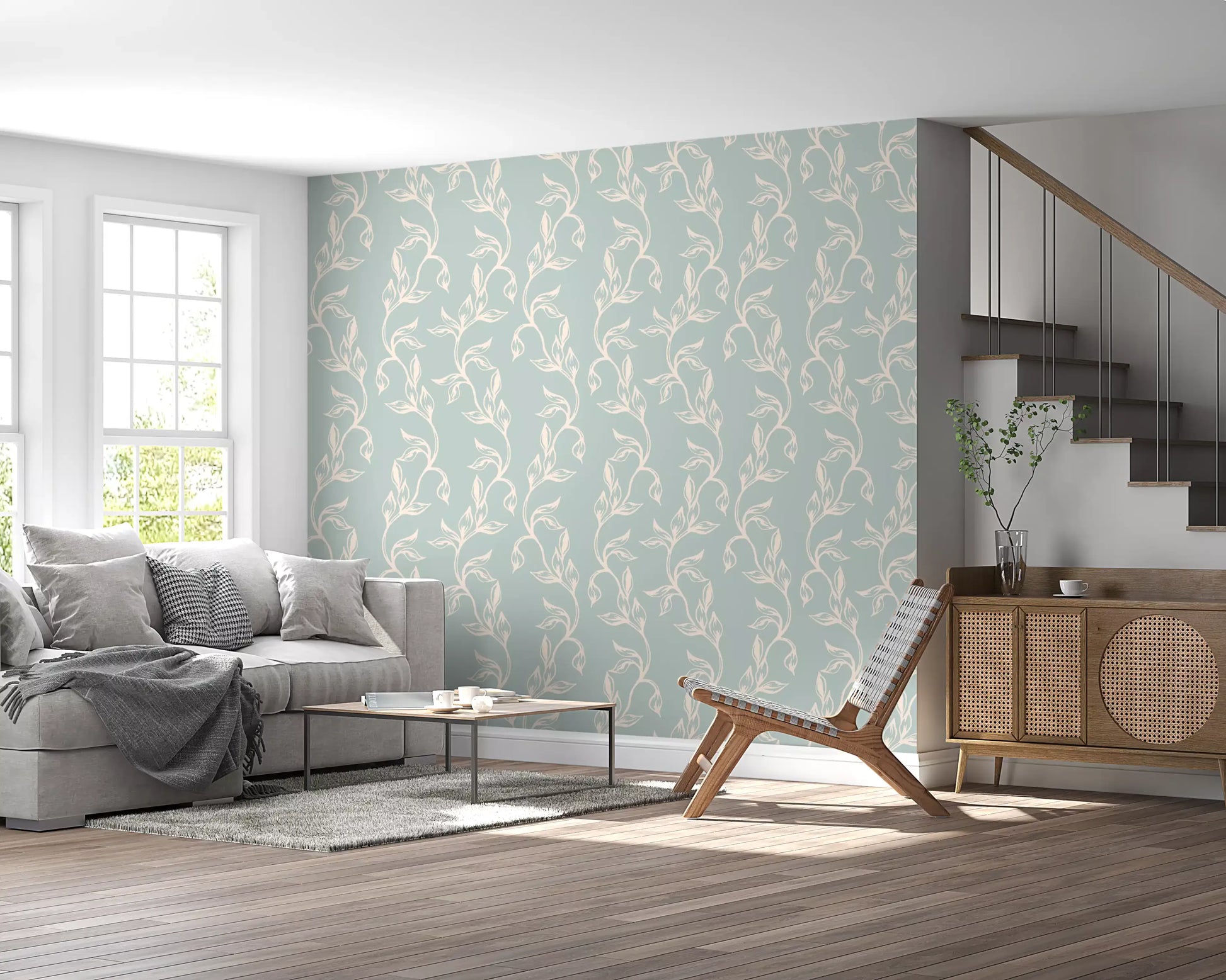 Sage Green and Cream Botanical Vine Wallpaper⁠