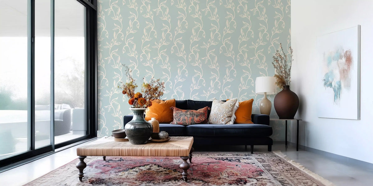 Cream leaf vines on a sage-green botanical wallpaper GD11726