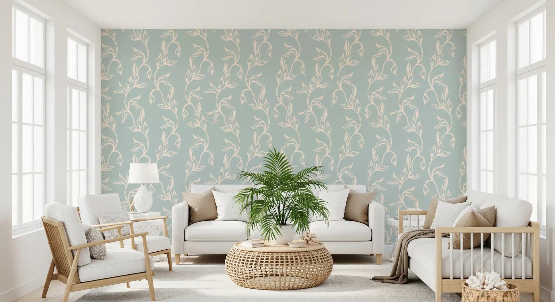 Sage Green and Cream Botanical Vine Wallpaper⁠