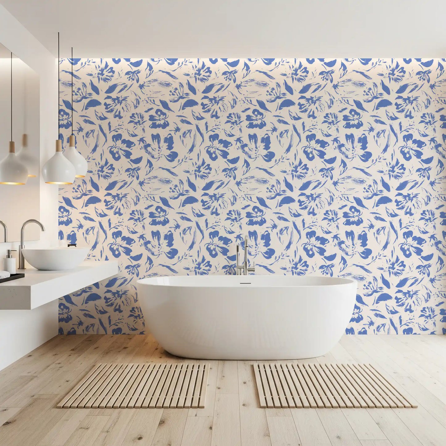 Cream and Cobalt Floral Wallpaper⁠