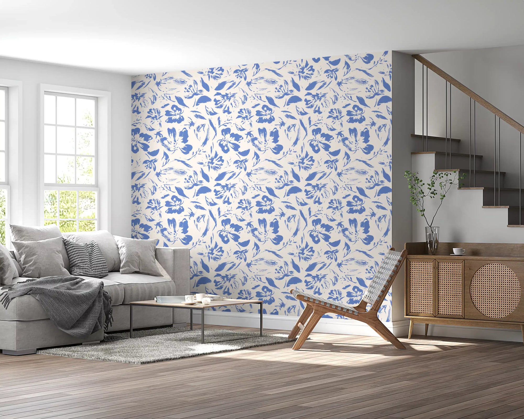 Cobalt-blue brushstroke flowers floral wallpaper on cream GD11727