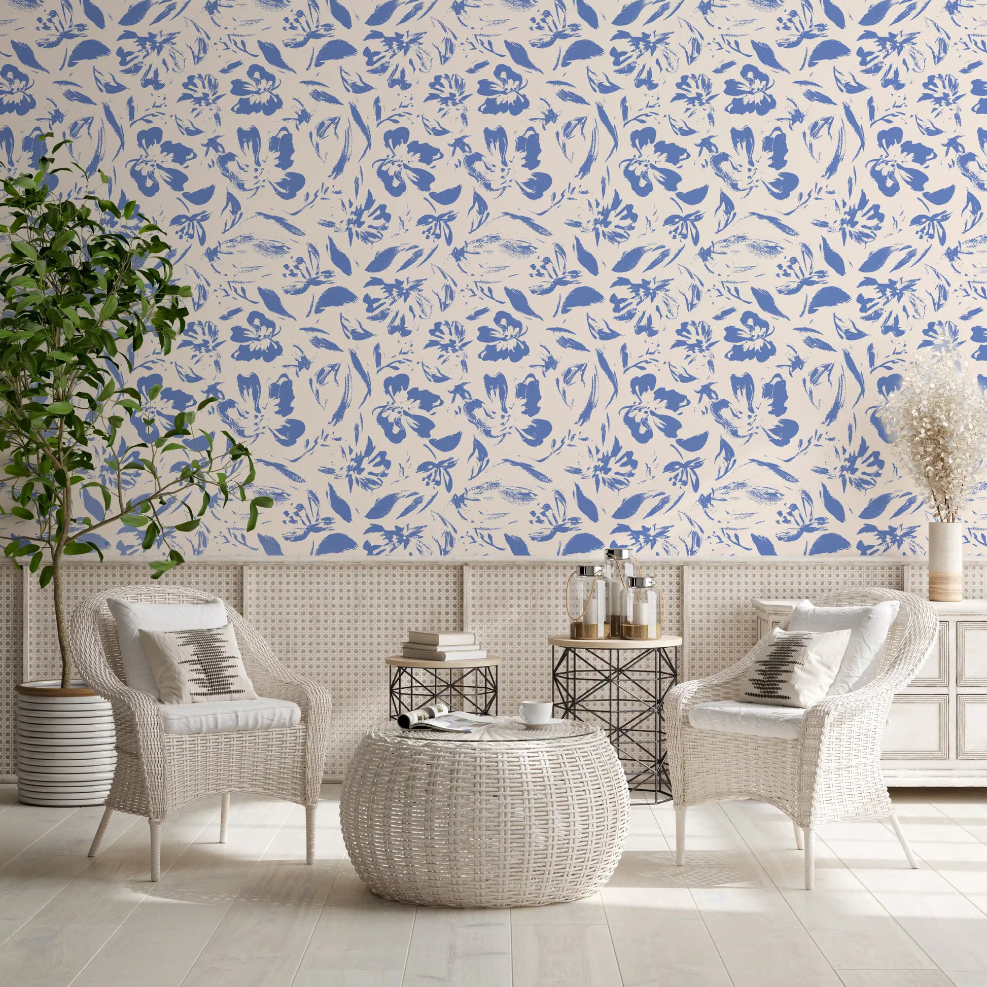 Cream and Cobalt Floral Wallpaper⁠