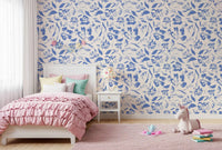 Cream and Cobalt Floral Wallpaper⁠