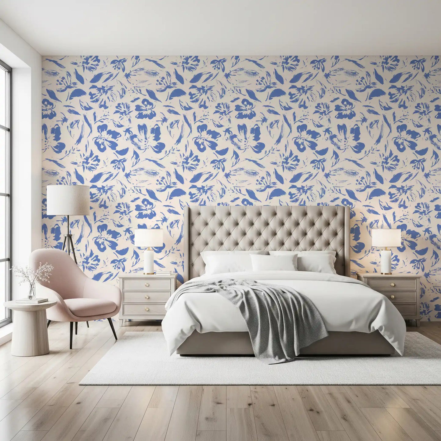 Cream and Cobalt Floral Wallpaper⁠