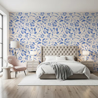 Cream and Cobalt Floral Wallpaper⁠