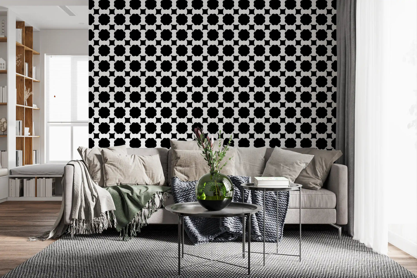 Monochrome Floral Lattice Wallpaper⁠