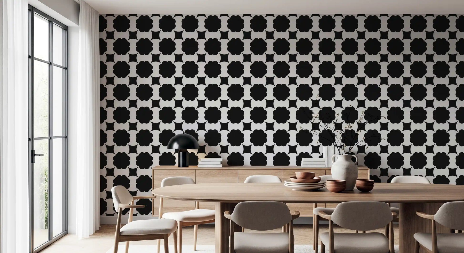 Monochrome Floral Lattice Wallpaper⁠