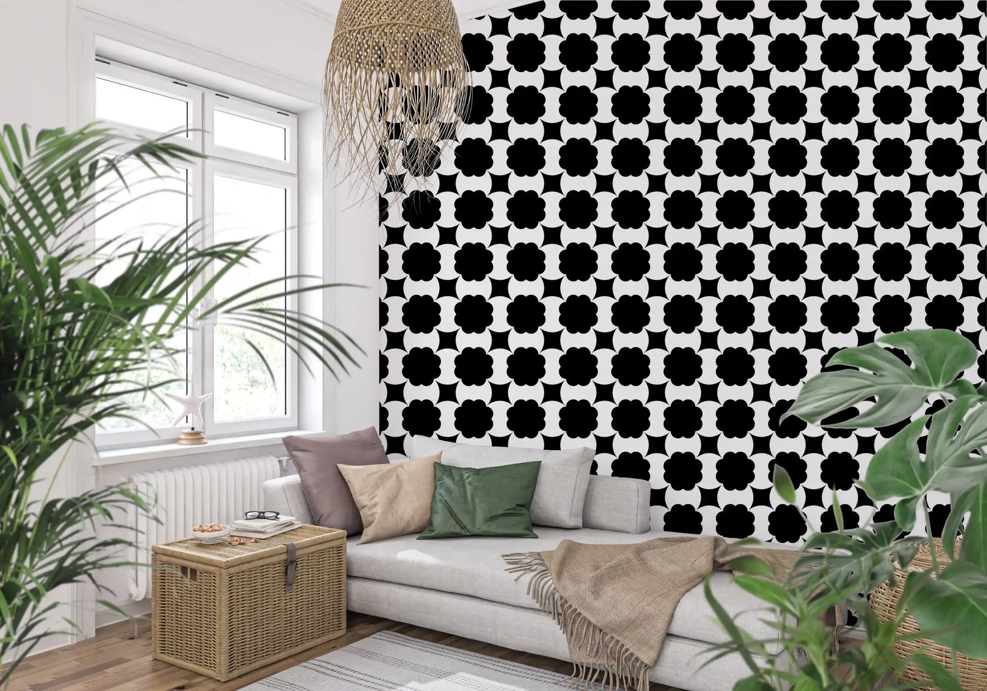Monochrome Floral Lattice Wallpaper⁠
