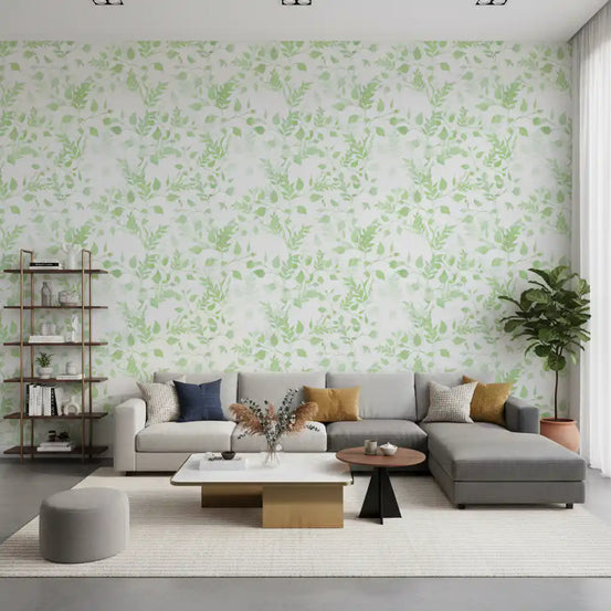 Soft green watercolour leaves botanical wallpaper on living room GD11729