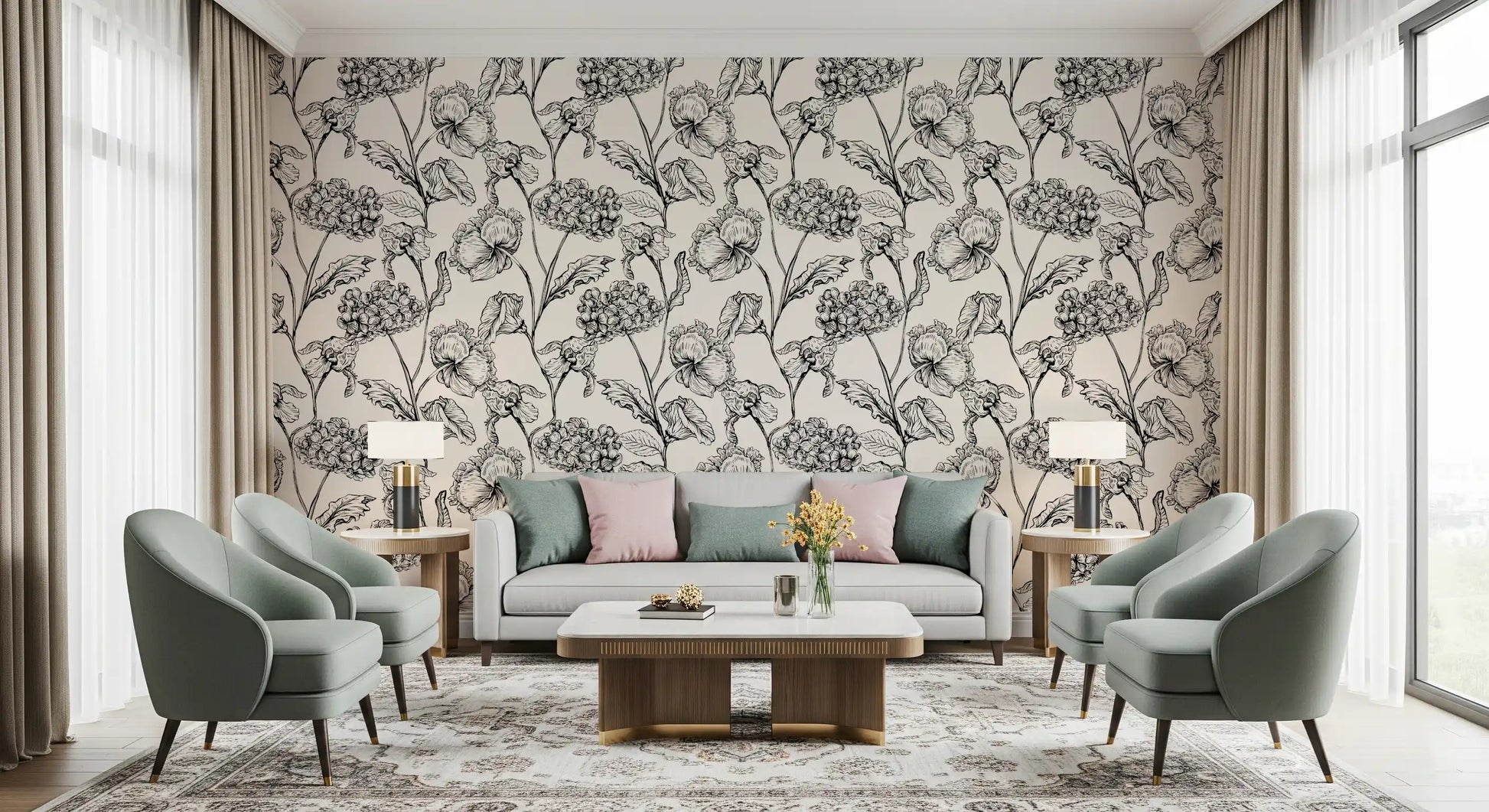 Monochrome Botanical Line Art Wallpaper⁠